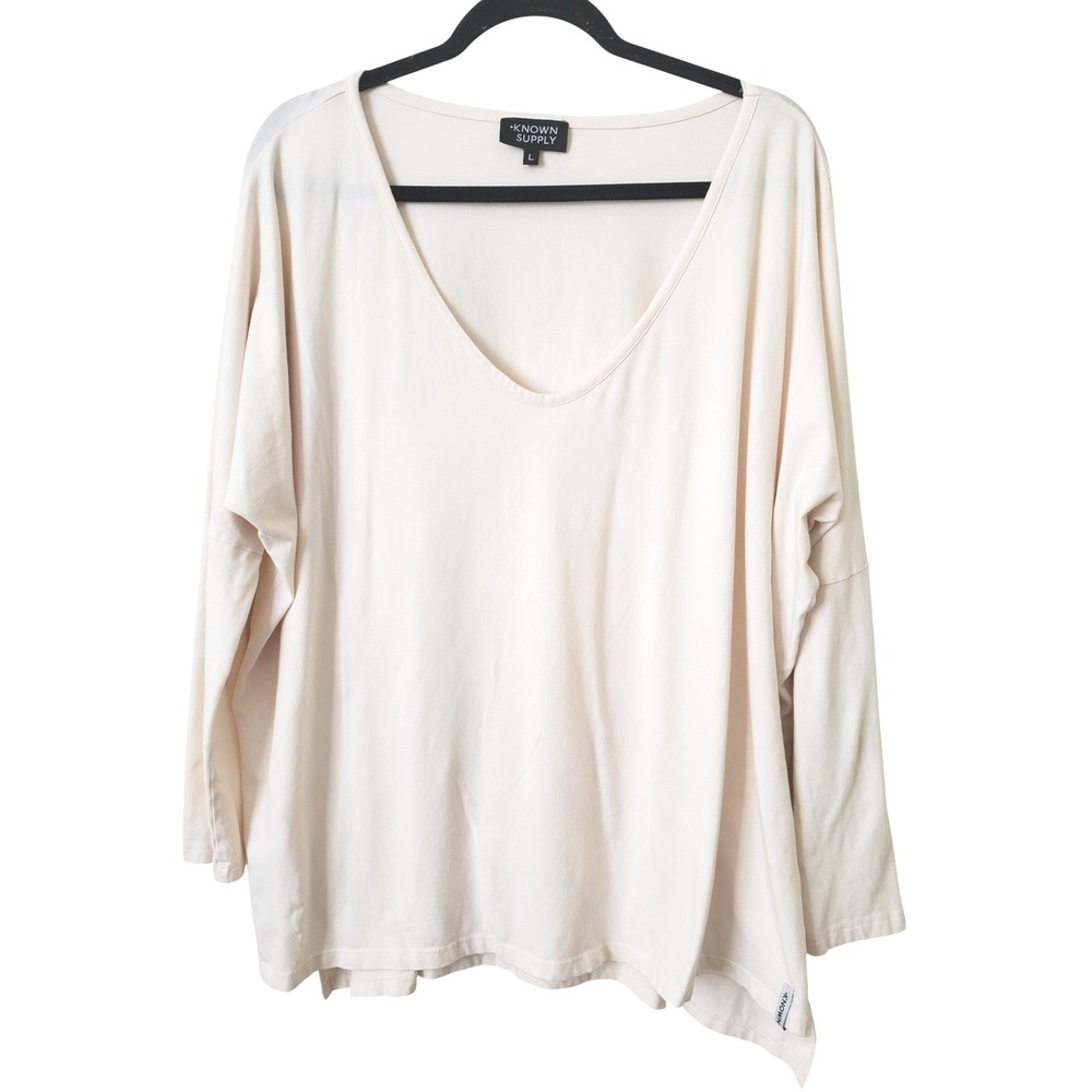 Known Supply Womens L Beige‎ Long Sleeve VNeck Organic Cotton Top